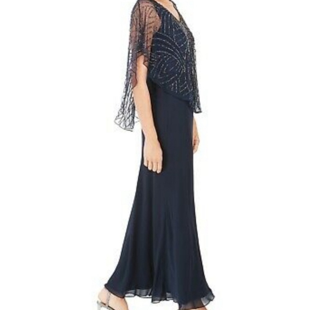J Kara Navy Embellished V Neck Dress